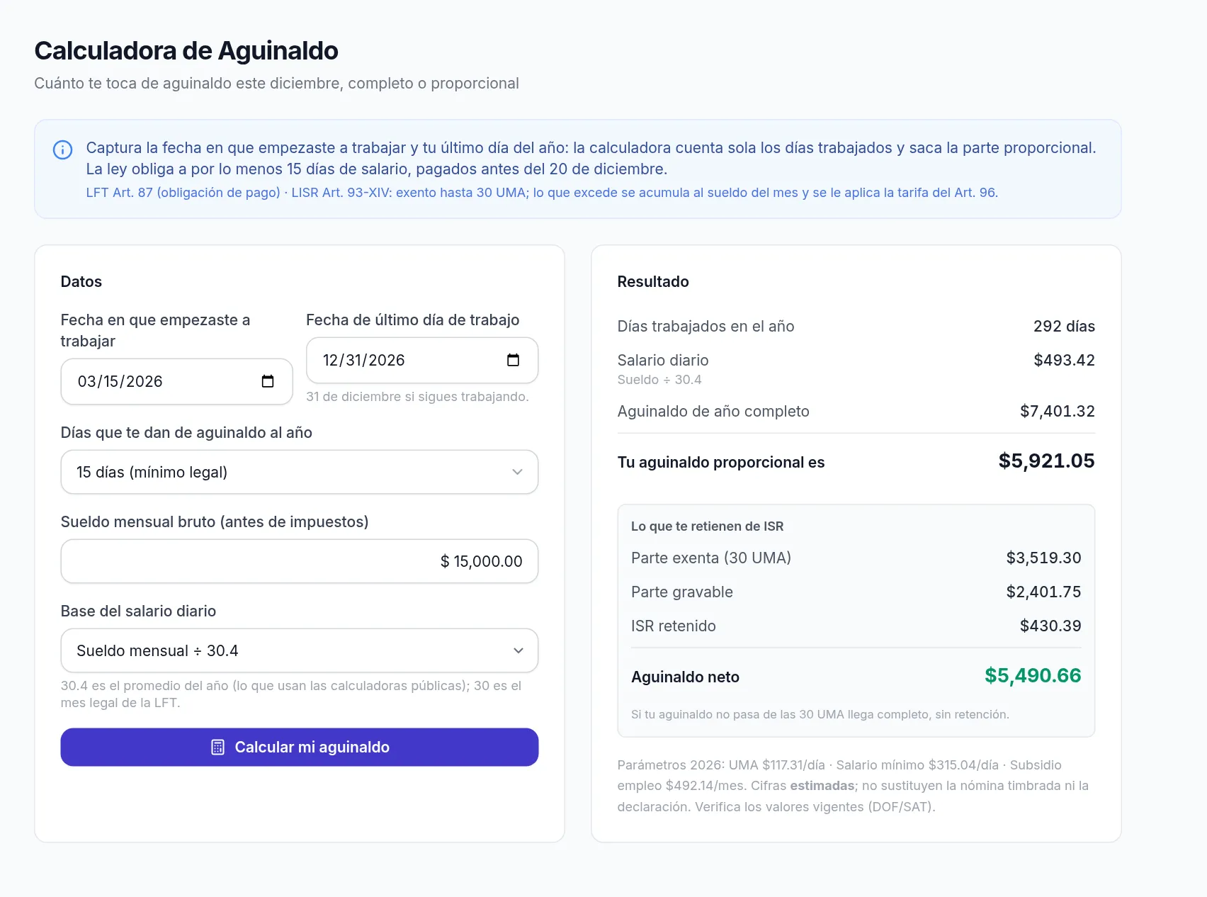 Cálculo de aguinaldo proporcional