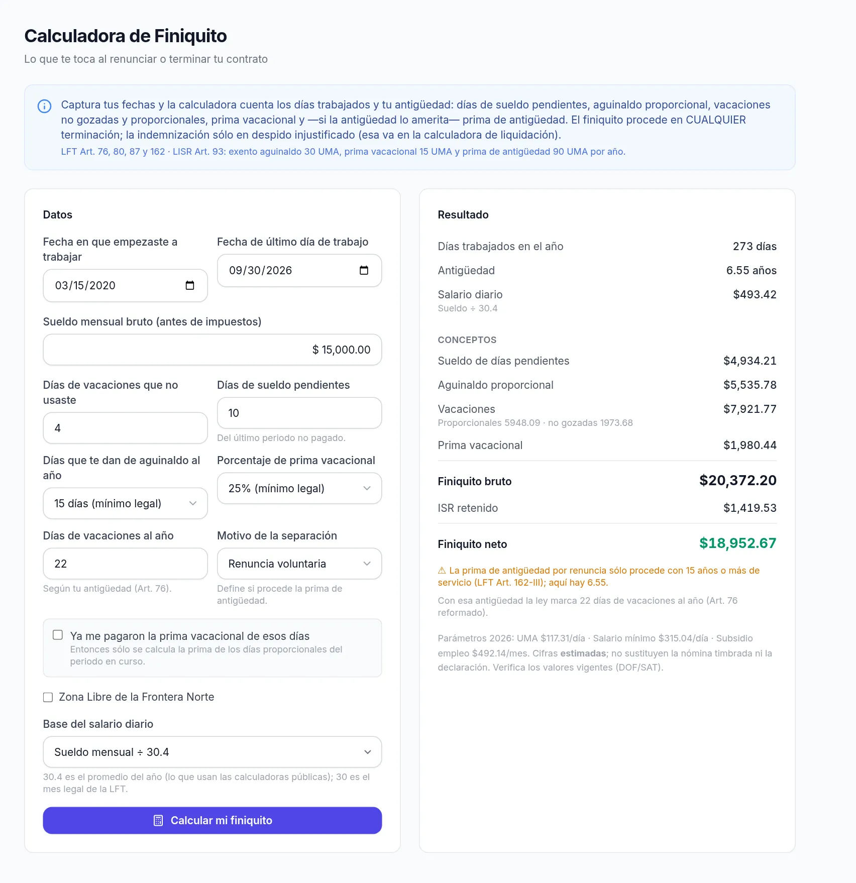 Cálculo de finiquito por renuncia