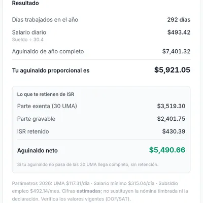 Resultado de la calculadora de aguinaldo