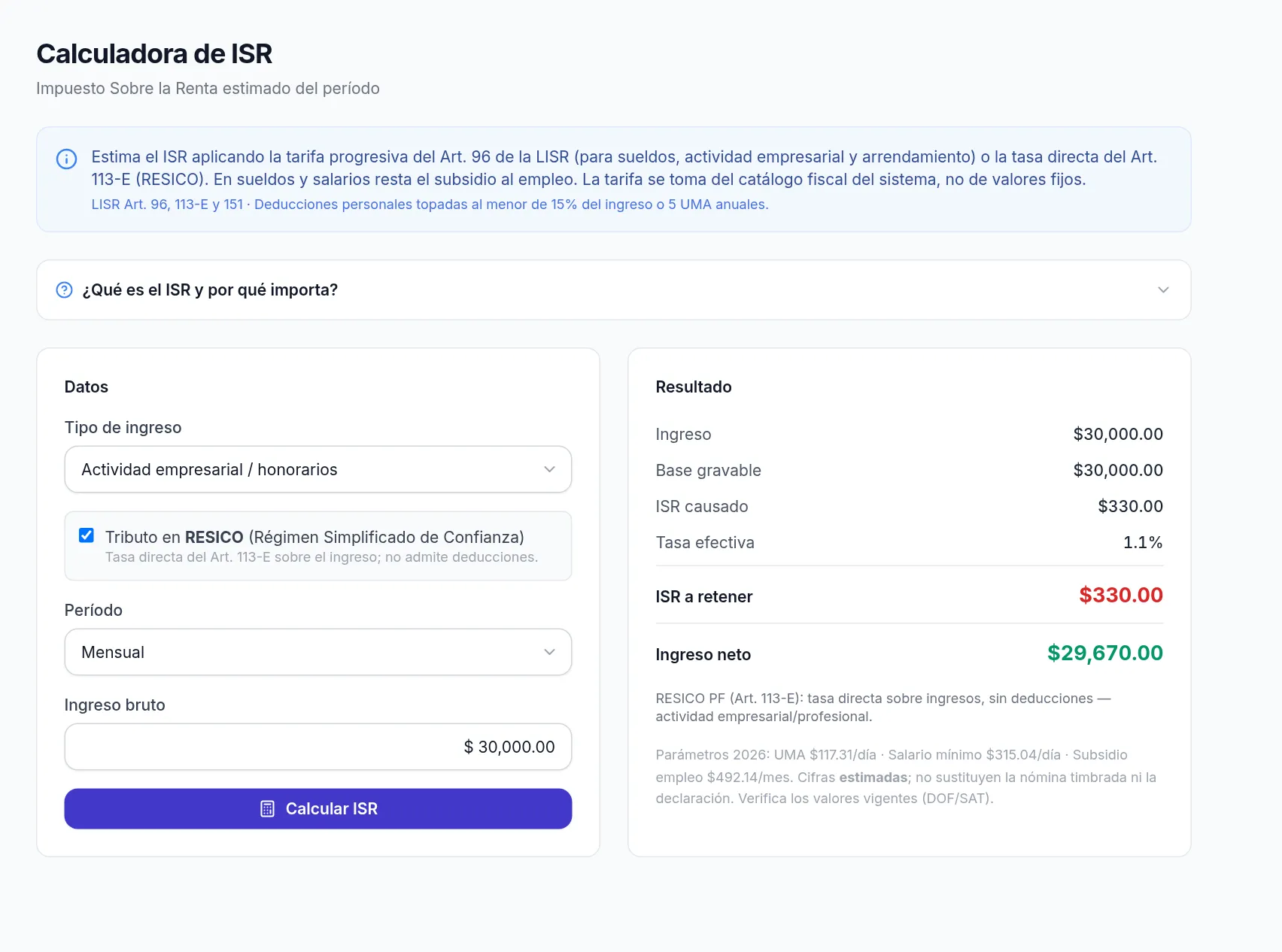 Cálculo de ISR en RESICO para 30,000 mensuales