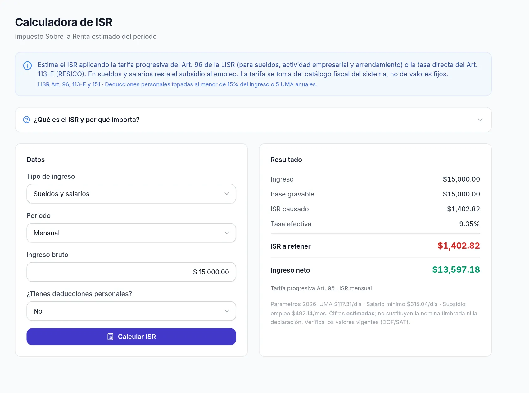 Cálculo de ISR para un sueldo de 15,000 mensuales