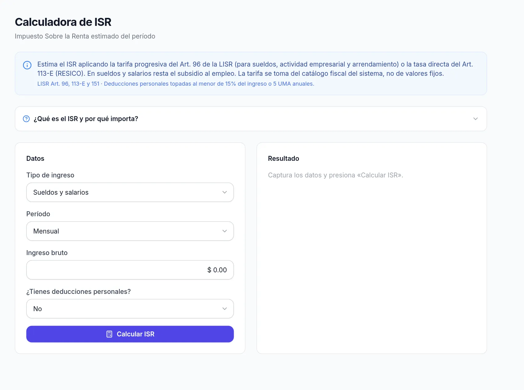 Calculadora de ISR antes de capturar datos