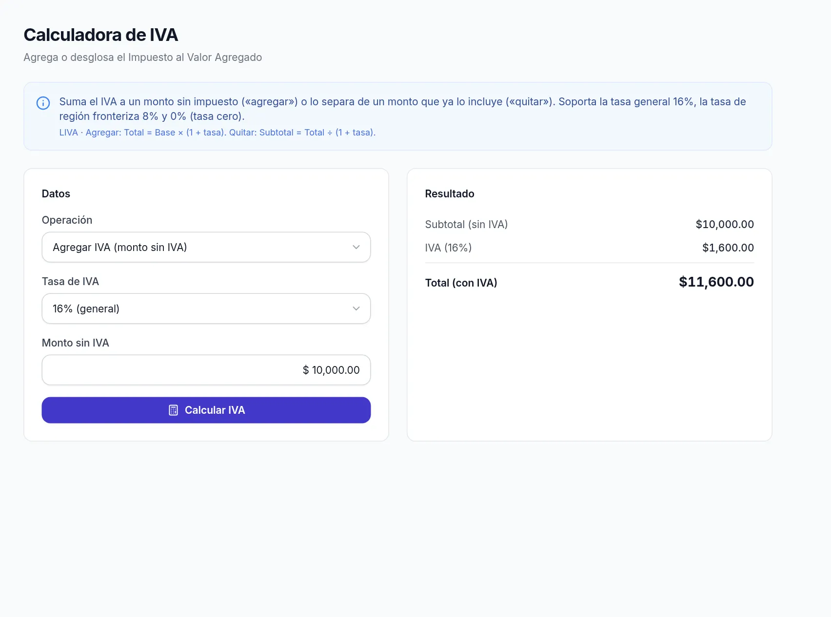 Agregar IVA del 16 por ciento a 10,000