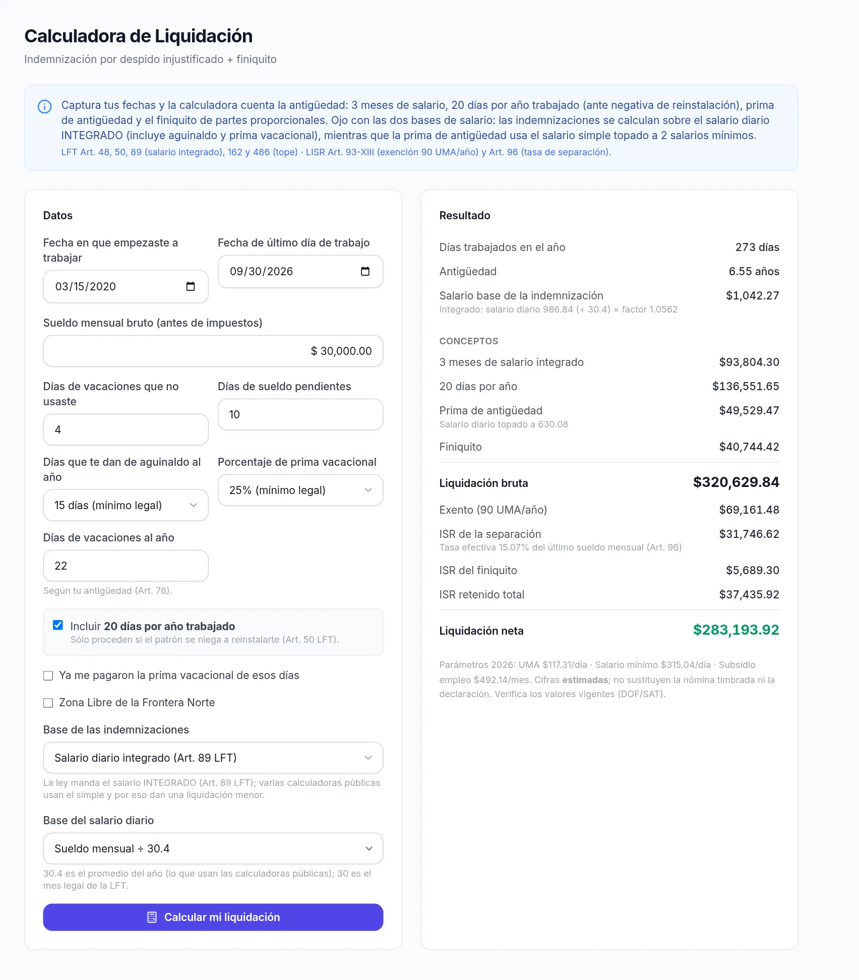Cálculo de liquidación por despido injustificado