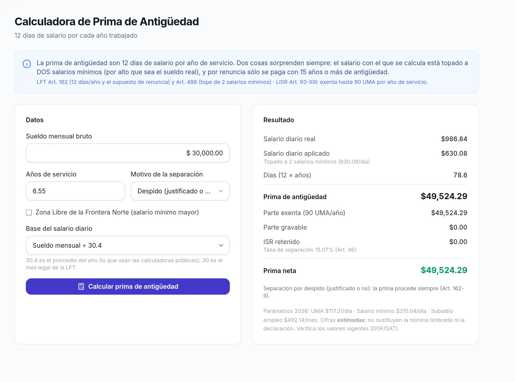 Cálculo de prima de antigüedad por despido
